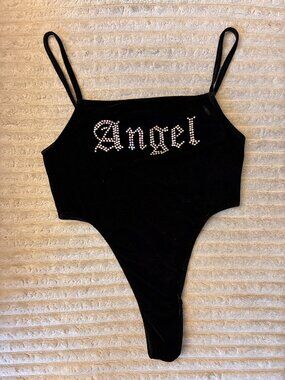 Motel Angel Rhinestone Black Velvet Sleeveless Bodysuit Size M